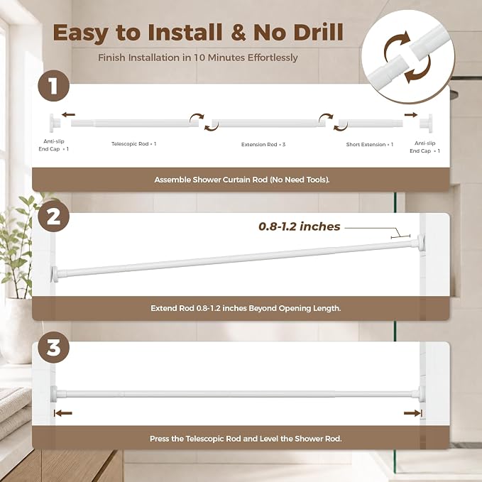 HYSEYY Heavy Duty Shower Curtain Rod,26-80inch Adjustable Tension Rod White | No Drilling Shower Rods for Bathroom, 1" Diameter Spring Tension Curtain Rod, Non Slip Rust Proof Curtain Rod for bathtubs