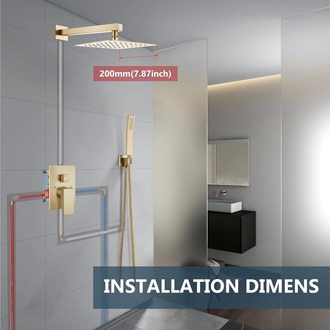 Aolemi Shower Faucet Set with Handheld Brushed Gold 8 Inch Head | Pressure Balance Shower Valve and Trim Kit,SUS304 Rain Head and Handle System,All Metal,Wall Mount,Bathroom,Handheld Spray