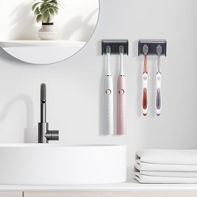 2 PCS Toothbrush Holders Wall Mounted with Cover (2, Transparent Black) | Wall mounted, Detachable, Easy to clean, Breathable, 2 Slots Self Adhesive Toothbrush Organizer for Bathroom
