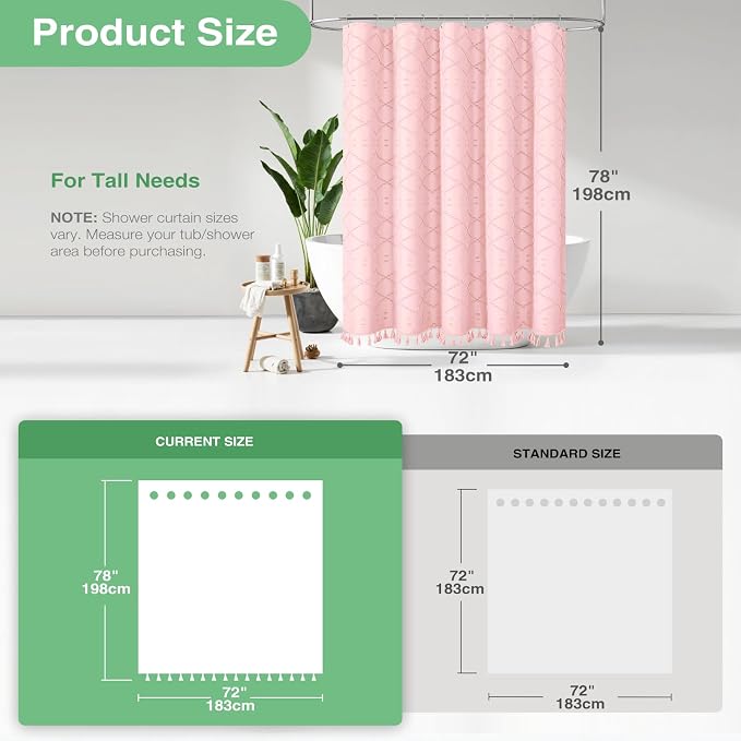 Long Boho Farmhouse Shower Curtain Tufted Geometric 72"x78" Pink | 78 Inch Tall, Elegant Tassel, Lightweight Textured Fabric, Water Repellent, Washable, Hotel Spa, for Bathroom/Dorm 12 Hooks