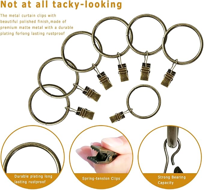 Lansian 44 Pack Curtain Rings with Clips Hooks 1.5 in Diameter Rustproof | Metal Stainless Steel Drapery Rings for Tension Rod Bracket Eyelets Decorative Hanger, Fits 1.38 in Rods, Antique Brass