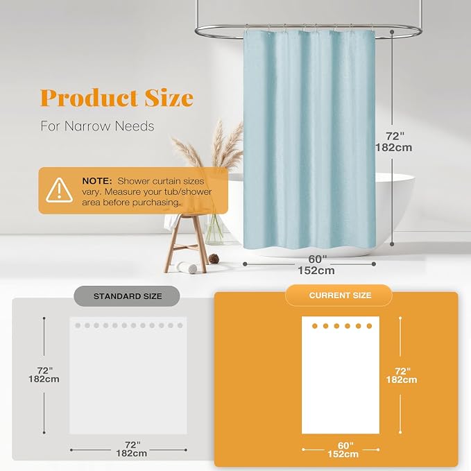 60x72 Linen Textured Waterproof Fabric Shower Curtain Set, Fog Blue | Narrow Size, 230GSM Polyester, Heavy Duty Cloth, Weighted Hem, 10 Plastic Hooks, Modern Luxury Hotel Style, Machine Washable