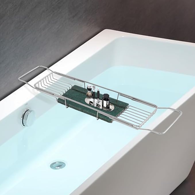 Stainless Steel Bathtub Tray, Expandable Marble Bath Tray for Tub, 44.09 lbs Capacity Bath Caddy for Bathtub Bathroom Accessories for Home Spa (Silver + Green)