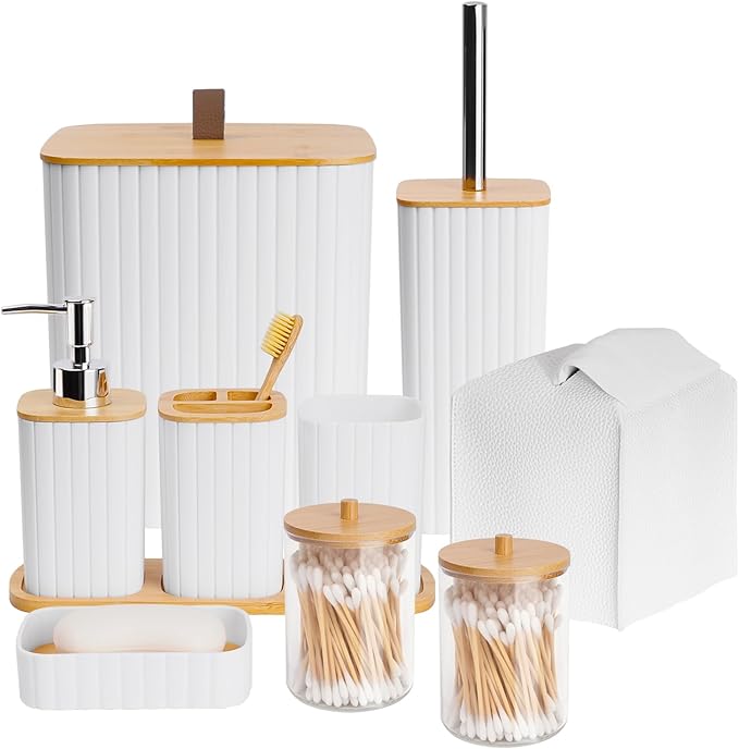 Bathroom Accessory Set, 10 Piece White Bathroom Set Complete | Includes Trash Can, Soap Dispenser, Toothbrush Holder, Soap Holder, Tumbler, Toilet Brush, Tray, Qtip Holders, Tissue Cover