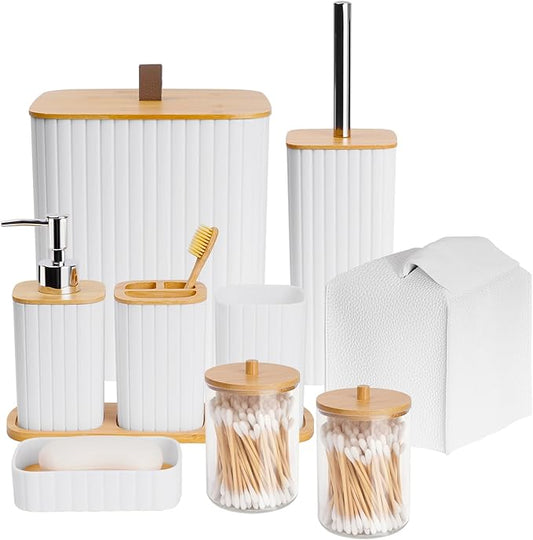 Bathroom Accessory Set, 10 Piece White Bathroom Set Complete | Includes Trash Can, Soap Dispenser, Toothbrush Holder, Soap Holder, Tumbler, Toilet Brush, Tray, Qtip Holders, Tissue Cover