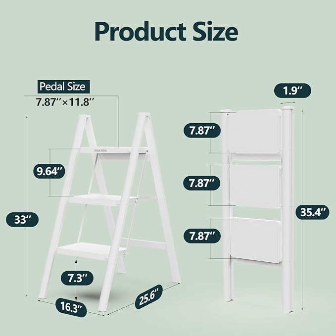 3 Step Foldable Step Stool, 330lbs Load, White | Folded 36'' H x 2'' T; Net 9.9 lbs; Anti-Slip Feet Grip Wood, Tile, Carpet; Wide Pedals; For Kitchens, Closets.