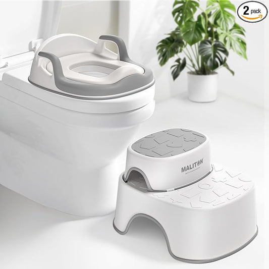 Maliton Potty Training Toilet Seat & Step Stool, 2-in-1 Anti-Slip Grey | Potty Seat + Separate Step Stool, Adjustable Fits More Toilets, Anti-Slip, Sturdy, Splash Guard, Easy clean，Boys & Girls.