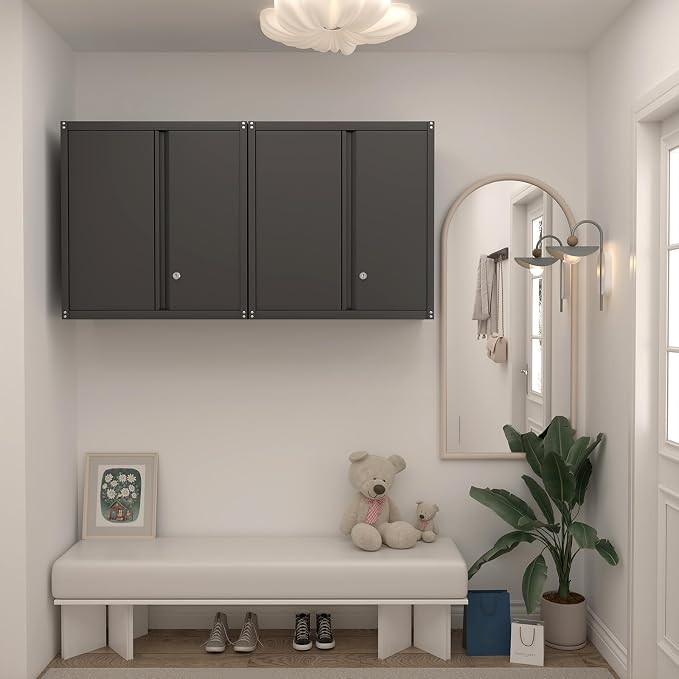 Wall Cabinet Storage, Locking Wall Cabinet with 2 Doors,Garage Storage Cabinet for Home Office,Gym,Garage,Black