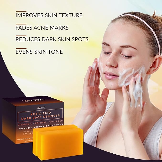 VALITIC Kojic Acid Dark Spot Corrector Soap Bars with Vitamin C, Retinol, Collagen, Turmeric - Original Japanese Complex - Hyaluronic Acid, Vitamin E, Shea Butter, Castile Olive Oil - 2 Pack With Bag