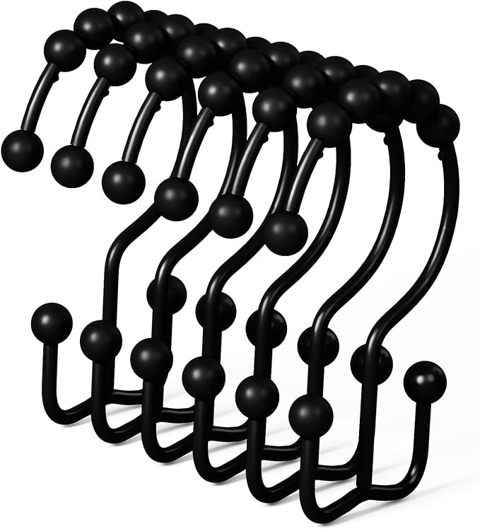 DAWNER Shower Curtain Hooks Rings, Rust Proof Hooks, Metal Easy Glide Double Shower Rings Hooks, Stainless Steel Shower Curtain Hangers for Bathroom Shower Curtains, Set of 12 Hooks, Matte Black