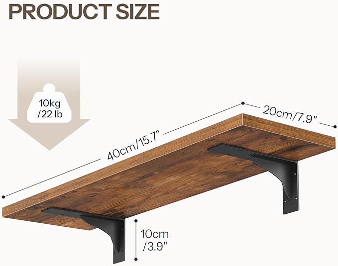 HOOBRO Floating Shelves for Wall, 15.7" Wall Mounted Shelves Set of 2, Hanging Storage Shelf with Metal Brackets, Wooden Shelf for Living Room, Bedroom, Bathroom, Rustic Brown and Black BF42BJP201G1