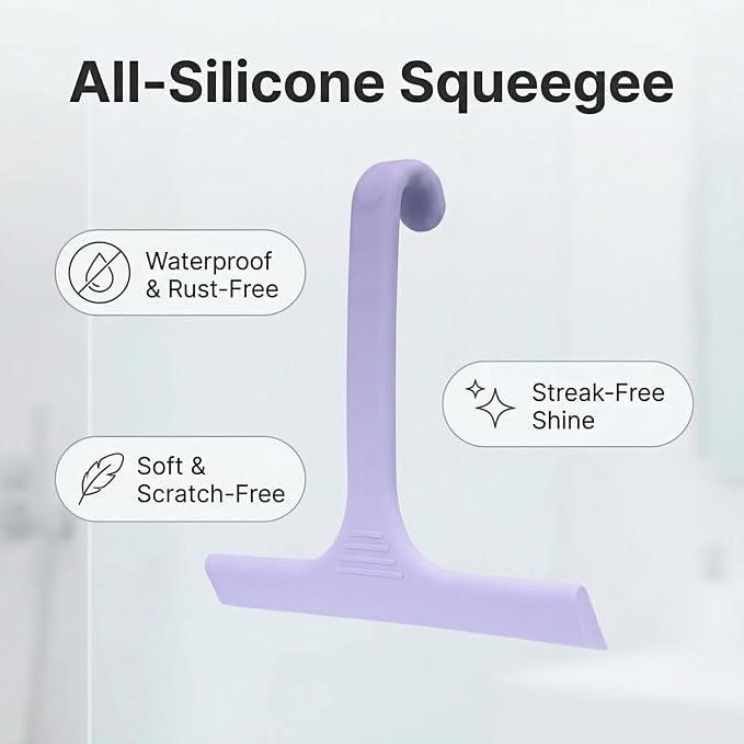 Silicone Shower Squeegee - All-in-One Design with Built-in Hook, 10 Inch Streak-Free Bathroom and car Cleaner for Glass Doors, Mirrors, Windows, Tiles Purple