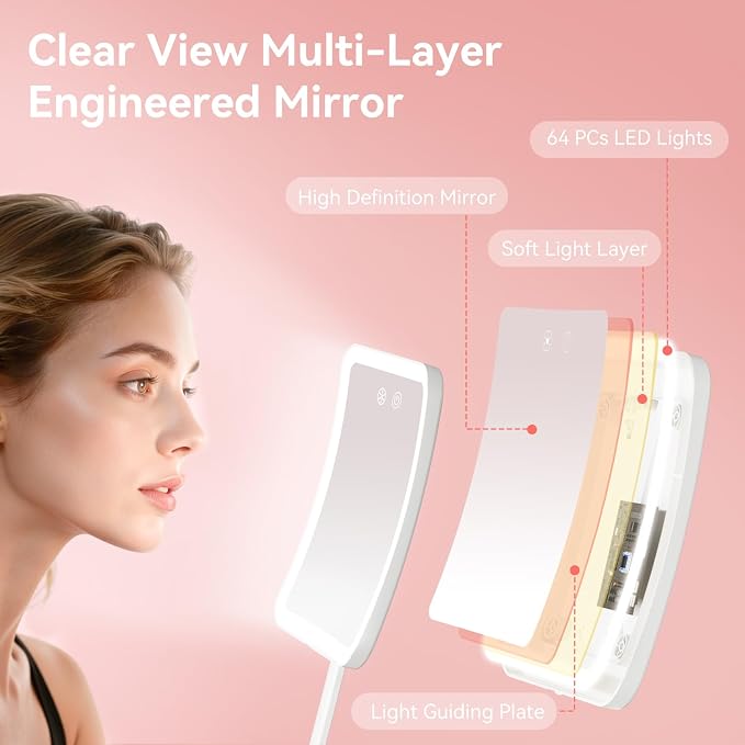 Auxmir 30X Magnifying Travel Makeup Mirror, 2000mAh Rechargeable Mirror | 3 light colors with 64 LEDs, touch dimming, compact portable foldable, adjustable height & angle, travel, 30X magnification