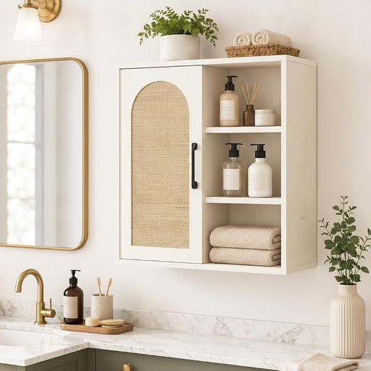 RUSTOWN Boho Rattan Bathroom Wall Cabinet with Sliding Door, Vintage White | Farmhouse Bathroom Cabinet, Adjustable Shelves, Over The Toilet Storage Cabinet, 3-Tier Wall Mounted Cabinets