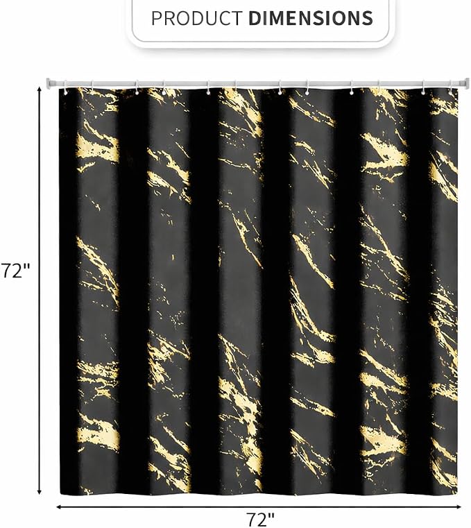 Black and Gold Shower Curtain, Black Marble Shower Curtain, Modern Fabric Shower Curtains for Bathroom, Black and Gold Texture Shower Curtain Set with Hooks 72x72