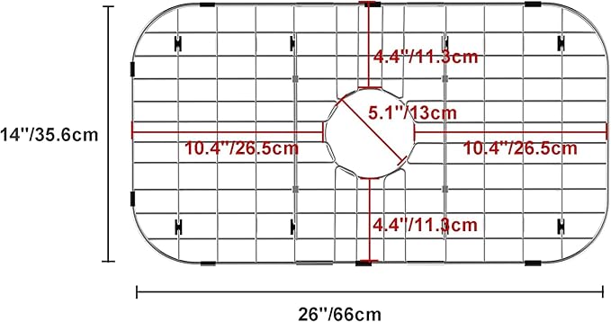 SANNO Kitchen Sink Protectors Gird, 26" L X 14" Sink Protector Grid for Kitchen Sink Rack Bottom Grid Centered Drain Hole with Corner Radius, 304 Stainless Steel