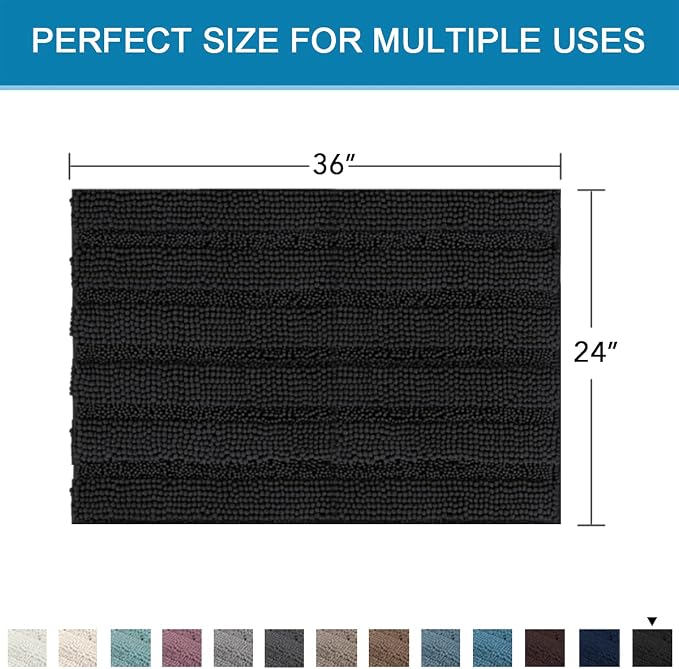 H.VERSAILTEX Bath Mats for Bathroom Non Slip Extra Thick Chenille Striped Bath Rug 24" x 36" Absorbent Non Skid Fluffy Soft Shaggy Rugs Washable Dry Fast Plush Mats for Indoor, Bath Room, Tub - Black