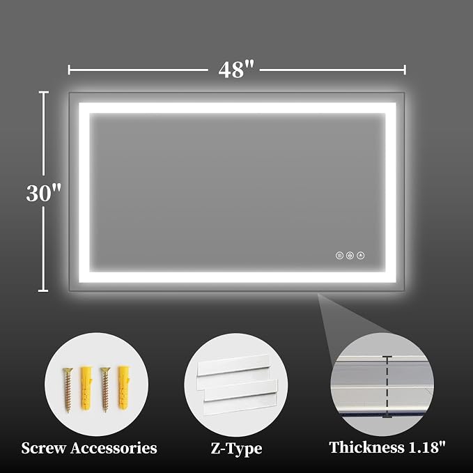 30"x48" LED Bathroom Mirror with Lights, Backlit+Frontlit, Anti-Fog | CRI 95, Stepless Dimmable, 3 Colors Lighting, Shatterproof Tempered Glass, HD Reflection, Memory, (Horizontal/Vertical)