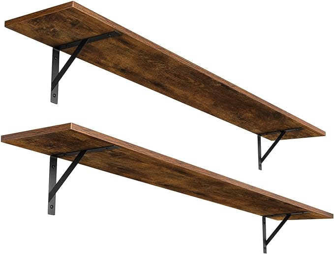 Long Wall Shelves, 55.1Inch Wooden Floating Shelves with Brackets | Large Book Shelf for Wall, Set of 2, Wall Mount Storage Ledges, Easy Assembly, Max Load 33lbs, Bathroom/Bedroom, Rustic Brown
