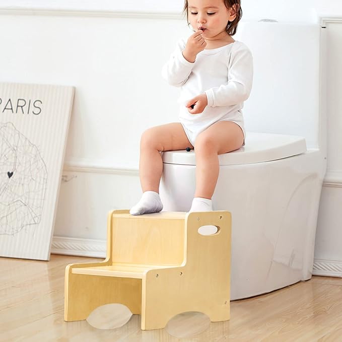 Wooden Toddler Step Stool for Kids, Bathroom Potty Stool & Kitchen Stool, Natural Two Step Stool for Bedroom, Children's Stool with Handles and Safety Non-Slip Pads
