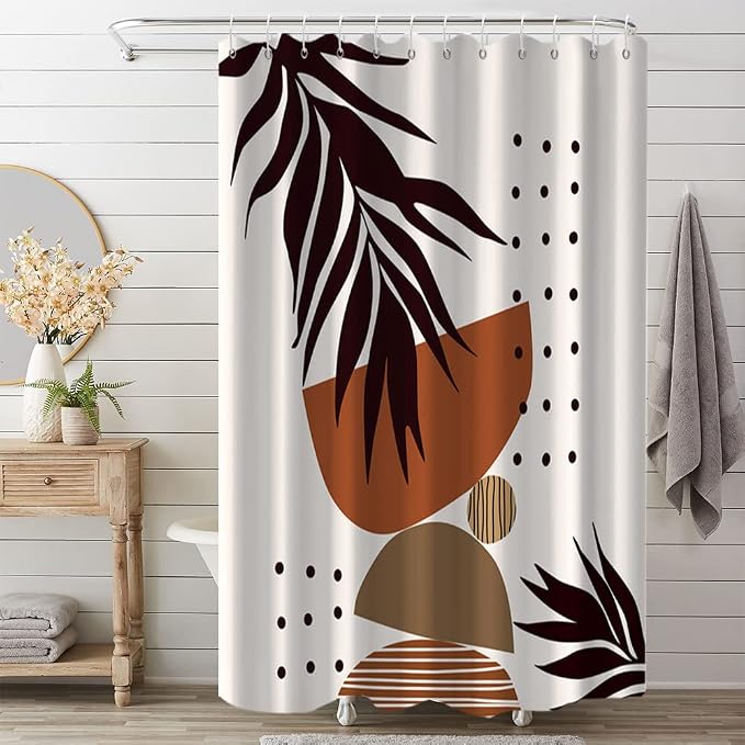 Mid Century Terracotta Shower Curtain for Bathroom 72x96 Inch | Waterproof Abstract Dark Brown Leaves Shower Curtain Set, Soft Boho Bathroom Decor, Machine Washable