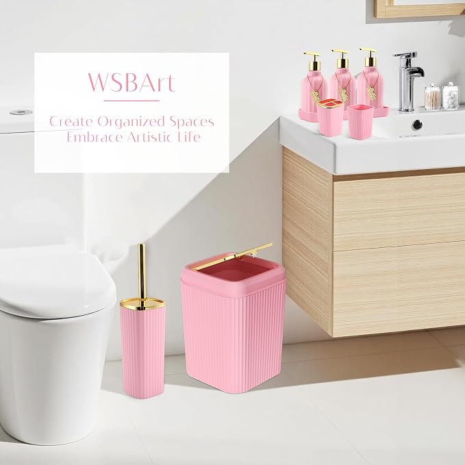 17PCS Bathroom Accessories Set, Pink Bathroom Set Bathroom Accessories Set with Trash Can, Toilet Brush, Toothbrush Holder, Qtip Holder & 3PCS Soap Dispenser