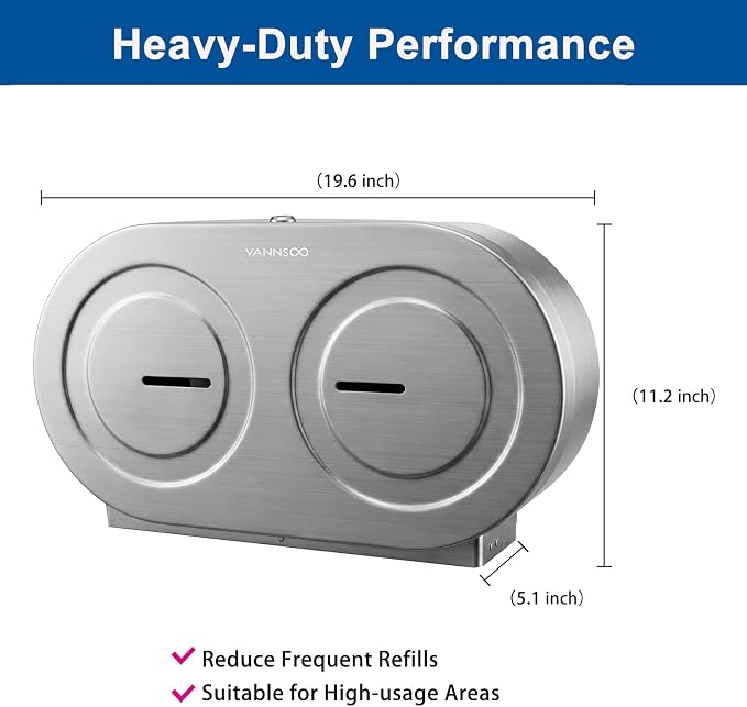 Twin Jumbo Toilet Paper Dispenser Wall Mount, 9" Commercial | Stainless Steel Double Roll Toilet Paper Holder, Industrial Large Tissue Dispenser with Lock, Brushed