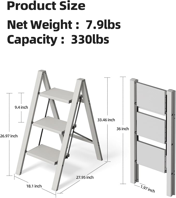 HillhutApex 3 Step Stool Foldable Ladder,Aluminum Step Ladder | Folding Lightweight Stable Stool with Wide Non-Slip Pedals, 330lbs Bearing Capacity Ladder for Office,Home,Kitchen-Grey