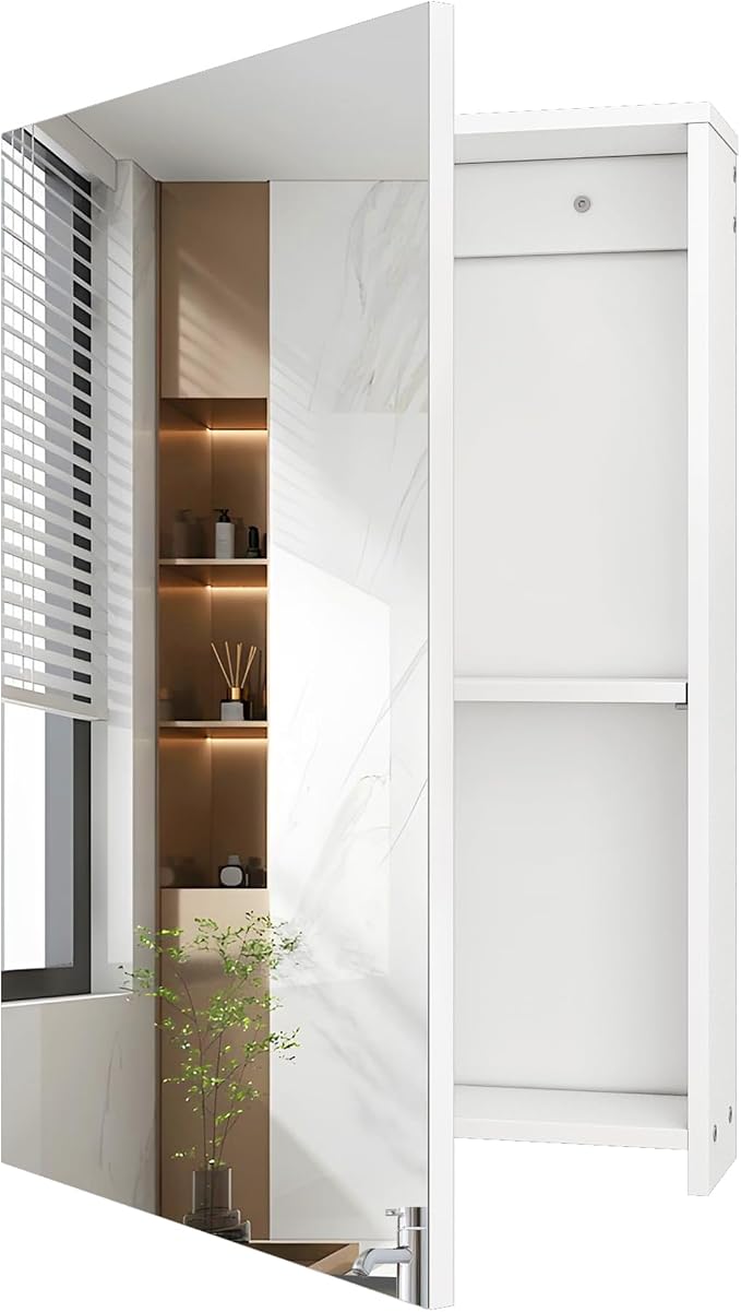 Bathroom Medicine Mirror Cabinet, 13.8'' x 19.7'', Wall-Mounted Bathroom Vanity with Mirror, Bathroom Medicine Cabinet with Storage Function, Hanging Storage Cabinet, Adjustable Shelves, White