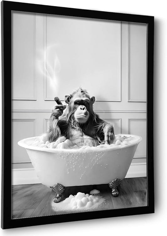 Framed Bathroom Decor Wall Art, Chimpanzee in Bathtub, Black and White Wall Art, Funny Bathroom Wall Decor Signs, Cute Animal Art Decoration (Framed,11''x14'')