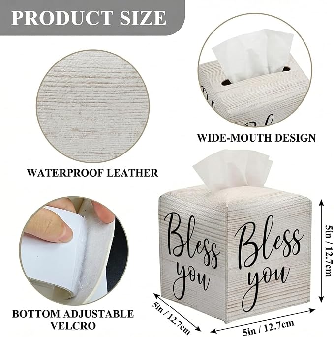 Tissue Box Cover Holder Square - Vintage Boho PU Leather Decorative Organizer, Ethnic Carpet Pattern Design Inspired, with Bottom Belt for Bathroom Car Office Tabletop Home, 5x5 Inch (Beige-bless you)