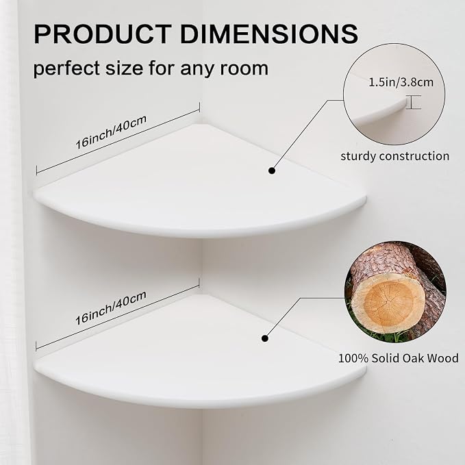 Corner Wall Shelves, White Floating Corner Shelf, Set of 2 16inch Solid Oak Wood Shelves, Round End Wall Mount Display Shelf with Wire Hole for Small Plant for Bedroom Kitchen, Living Room