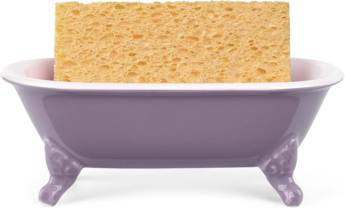 6.5" Ceramic Mini Decorative Clawfoot Bathtub Bar Soap Dish, Kitchen Sponge Holder and Shower Tray for Bathroom, 1 Pack(Lavender)