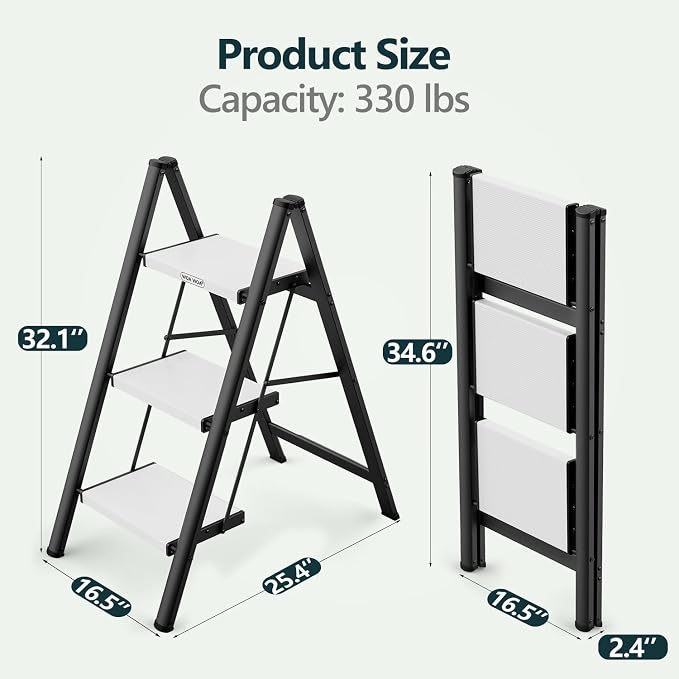 3 Step Foldable Step Stool, 300lbs Load, Black & White | Folded 35''H x 3''T; Net 9.9 lbs; Non-Slip Feet: Wood/Tile/Carpet; Rigid Aluminum Steps; No Assembly; Ready From Box.