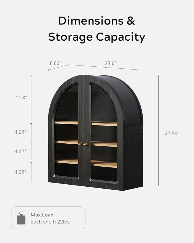 Arched Wall Cabinet, Large Bathroom Medicine Cabinet Wall Mounted Cupboard, Modern Floating Storage Cabinet with Acrylic Door Adjustable Shelf, Wood Organizer (Black-Oak)