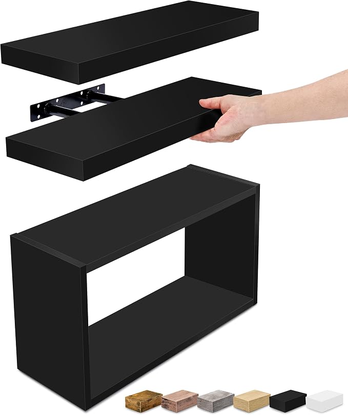Sorbus Floating Shelves for Wall Set of 3 - Bathroom Shelves for Wall Storage, Over Toilet, Bedroom, Farmhouse, Decor - 2 Floating Shelves with Invisible Brackets & 1 Rectangular Box, Black