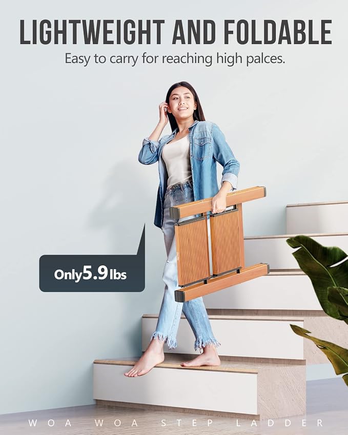 2 Step Foldable Step Stool, 300lbs Load, Wood Grain | Folded 26''H x 3''T; Net 5.9 lbs; Non-Slip Feet: Wood/Tile/Carpet; Rigid Aluminum Steps; No Assembly; Ready From Box.