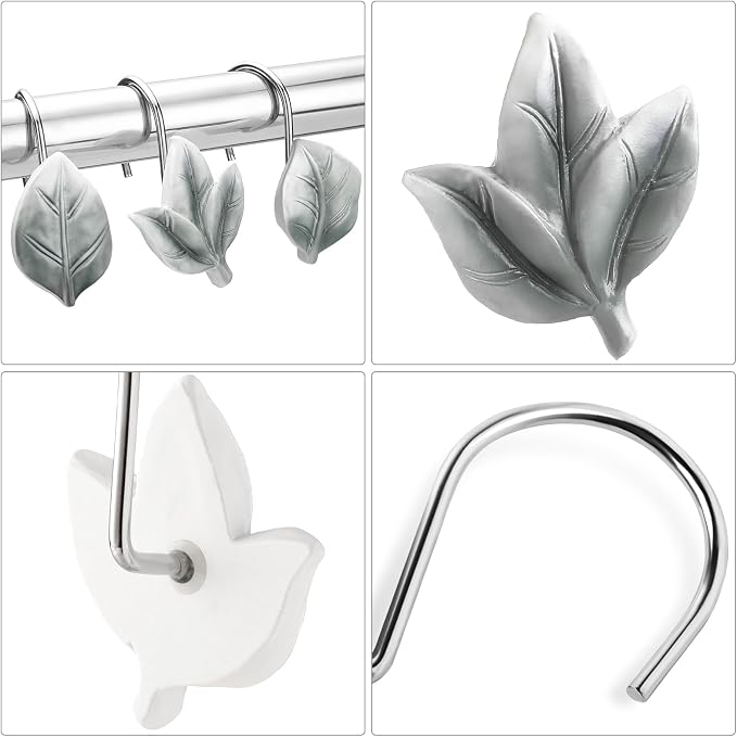 Grey Plant Leaf Shower Curtain Hooks,Eucalyptus Bathroom Decor,12PCS | Cute Decorative Leaves Shower Curtain Rings,Metal Rustproof,Easy Installation,Smooth sliding