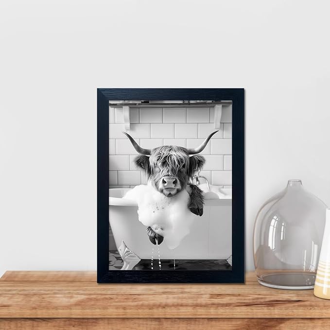 Framed Highland Cow Canvas Wall Art Funny Cow Bathroom Decor Black and White Cow Pictures Wall Decor Farmhouse Animal Bathroom Artworks
