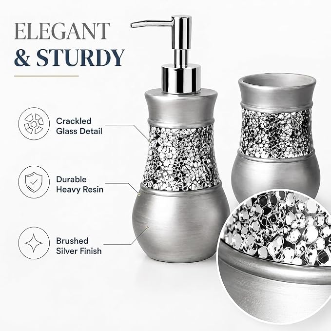 Creative Scents 4 Pc. Resin Bathroom Accessory Set | Silver Crackled Glass | Includes Soap Dispenser, Toothbrush Holder, Tumbler Cup and Soap Dish