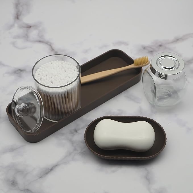 Bathroom Accessory Set, 10 Piece Brown Bathroom Set Complete | Includes Trash Can, Soap Dispenser, Toothbrush Holder, Soap Holder, Tumbler, Toilet Brush, Tray, Qtip Holders, Tissue Cover