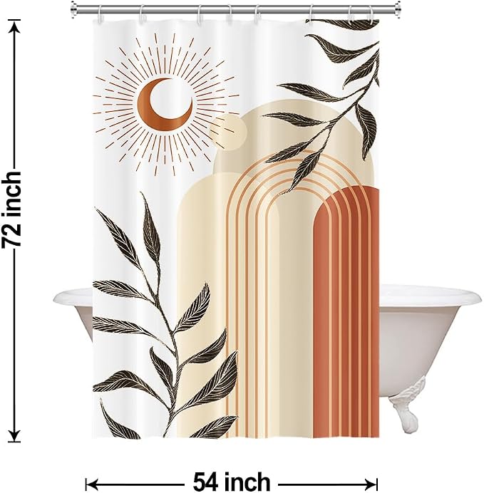 Boho Moon Shower Curtain with Hooks for Bathroom 54x72 Inch | Waterproof Abstract Terracotta and Beige Shower Curtain Set, Mid Century Bathroom Decor
