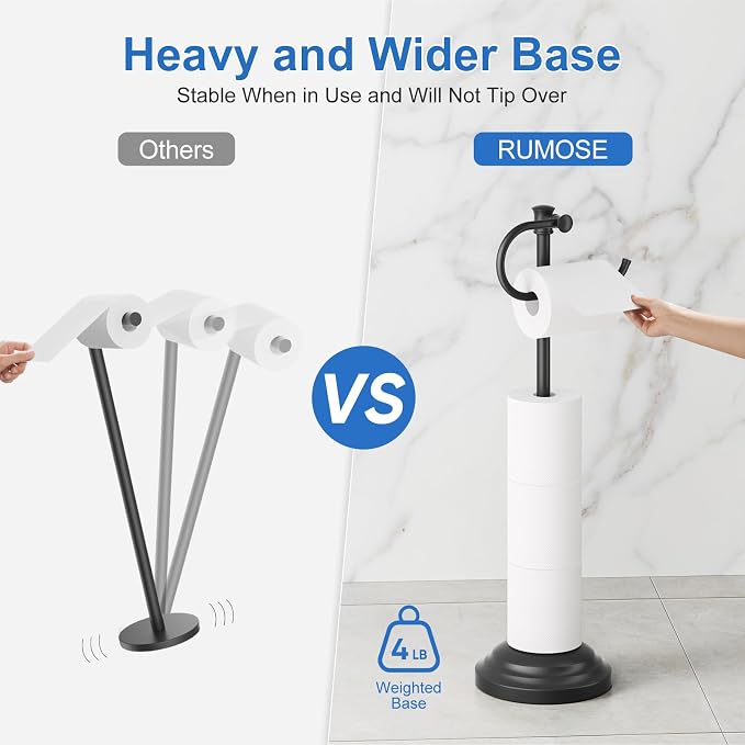 RUMOSE Toilet Paper Holder Stand for Floor Free Standing, Black | Bathroom Freestanding Toilet Tissue Roll Holder with Storage, Adjustable 17-25 Inch, Rustproof, SUS304 Stainless Steel