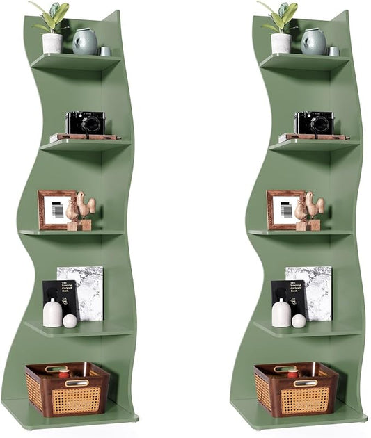 LITTLE TREE Small Corner Shelf, Modern 5-Tier Wall Corner Bookshelf, Stylish Bookcase Storage Rack for Small Space, Living Room, Bedroom, Green, 2 Pack