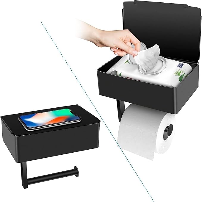 Toilet Paper Holder with Storage, Shelf of Bathroom Toilet Tissue Holder, Toilet Paper Roll Holder, Black Stainless Steel Wall Mount, No Installation & Flushable Wet Wipes Storage (2 Pack)