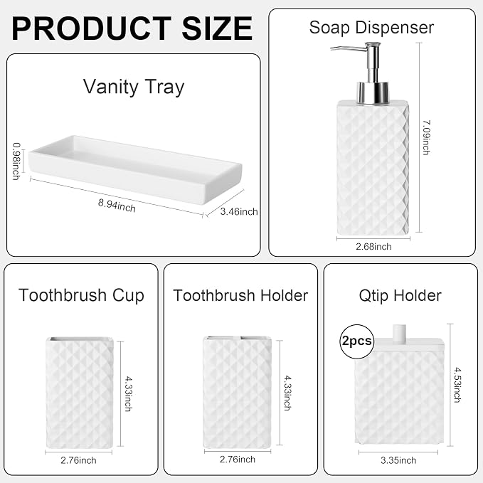 Bathroom Accessories Set Resin 6PCS, Square Toothbrush Holders Set Complete with Soap Dispenser, Vanity Tray, Tumbler, Cups and Cotton Swab Jars (White Diamond, Resin Bath 6 PCS)