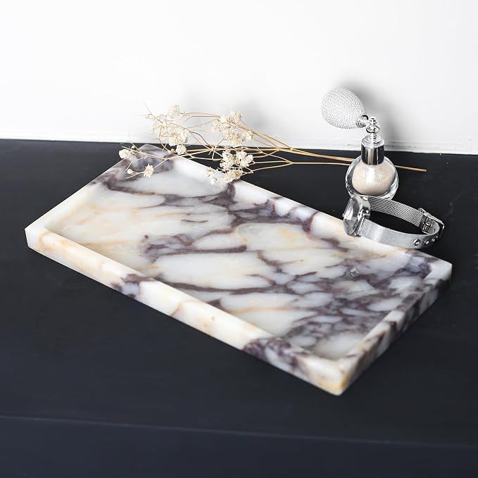100% Natural Marble Tray, 10"x5" Calaccata Viola Vanity Tray | Luxury Marble Decorative Tray, Small Hand Towel Tray Holder Organizer, Hand-Polished, Easy to Clean, Natural Stone Tray