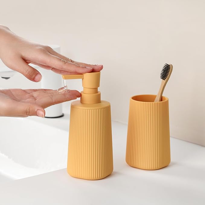 YAUKPH Bathroom Soap Dispenser and Toothbrush Holder Striped Yellow | Bathroom Accessories Set 2 Piece for Bathroom Countertop Storage and Decor