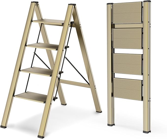 4 Step Foldable Step Stool, 300lbs Load, Gold | Folded 43''H x 2''T; Net 9.9 lbs; Non-Slip Feet: Wood/Tile/Carpet; Rigid Aluminum Steps; No Assembly; Ready From Box.