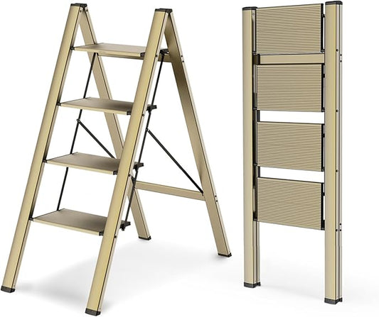 4 Step Foldable Step Stool, 300lbs Load, Gold | Folded 43''H x 2''T; Net 9.9 lbs; Non-Slip Feet: Wood/Tile/Carpet; Rigid Aluminum Steps; No Assembly; Ready From Box.